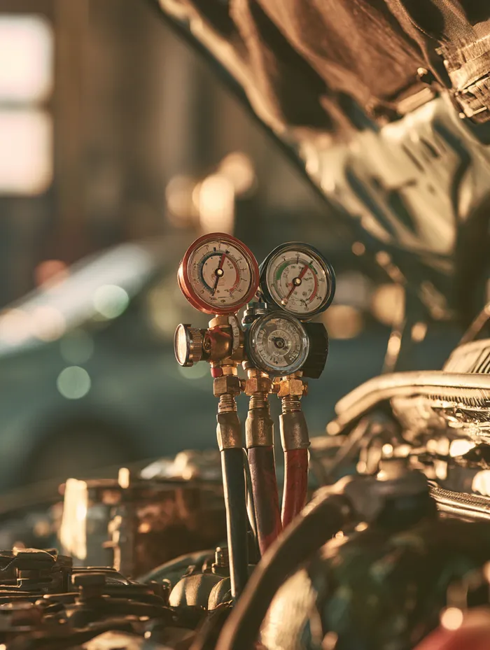 Close view of an AC refrigerant gauge set connected under a car hood showing pressure readings