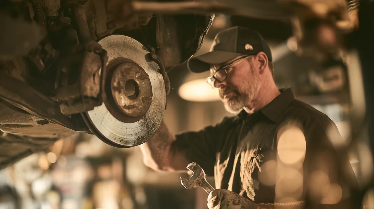 Mechanic inspecting a brake rotor on a lifted car in a service bay