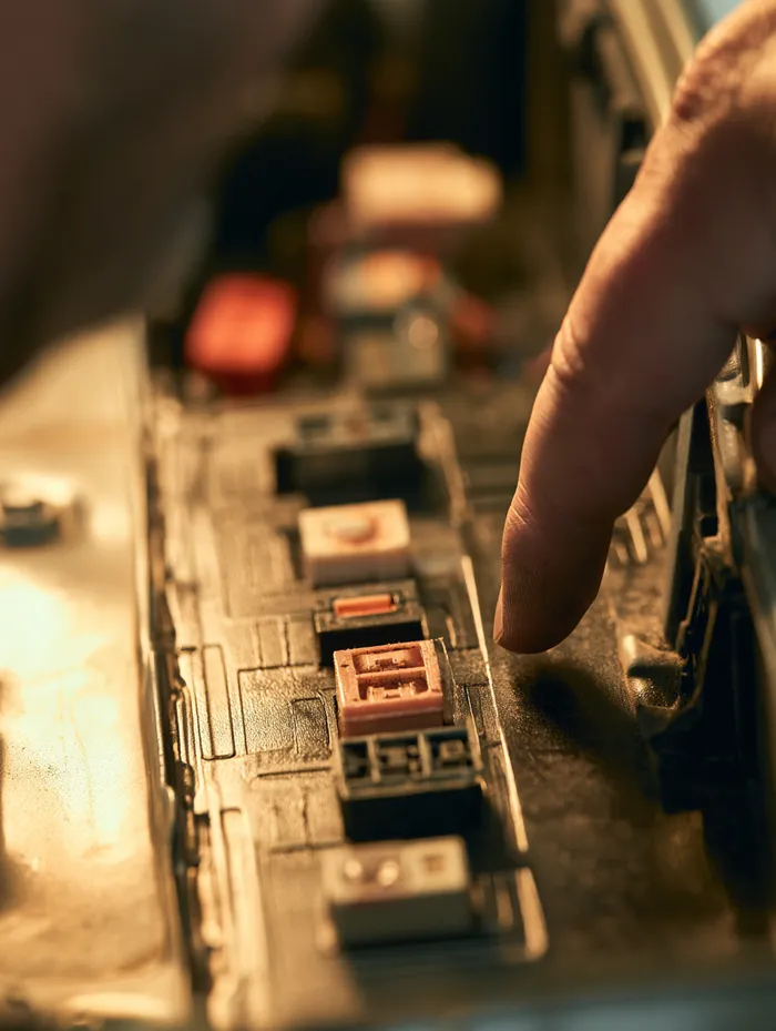 Technician fingertip pointing at a blown fuse in a car fuse box in sharp macro focus