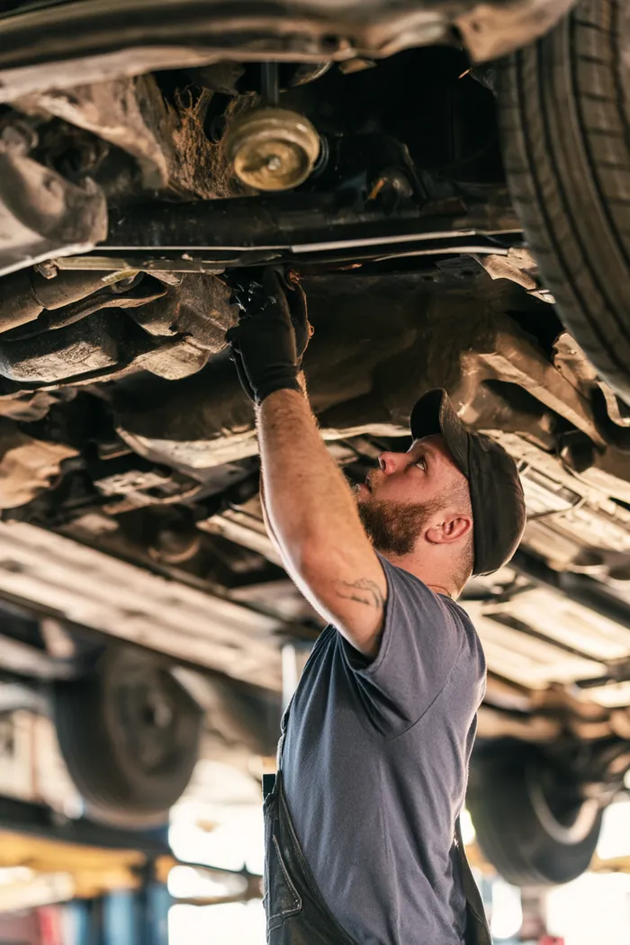 Low angle view of a car on a lift with a mechanic inspecting suspension arms overhead