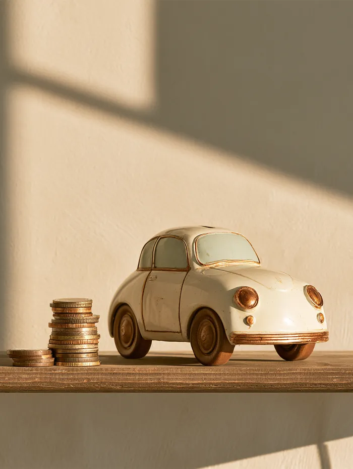 Car-shaped piggy bank next to a stack of coins on a wooden shelf in warm home light