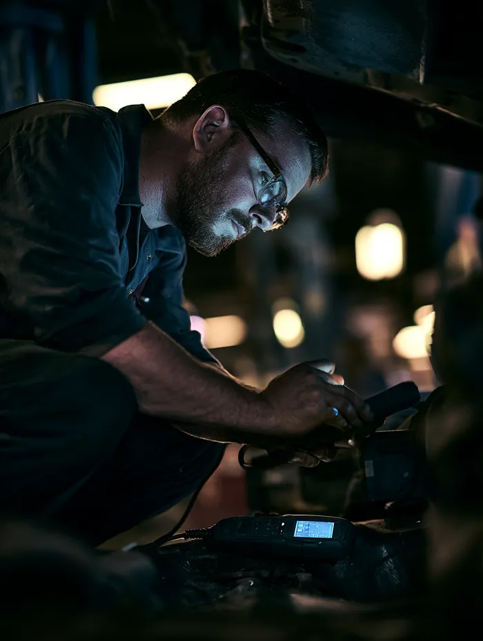 Mechanic compressing a coil spring on a strut assembly at a workbench