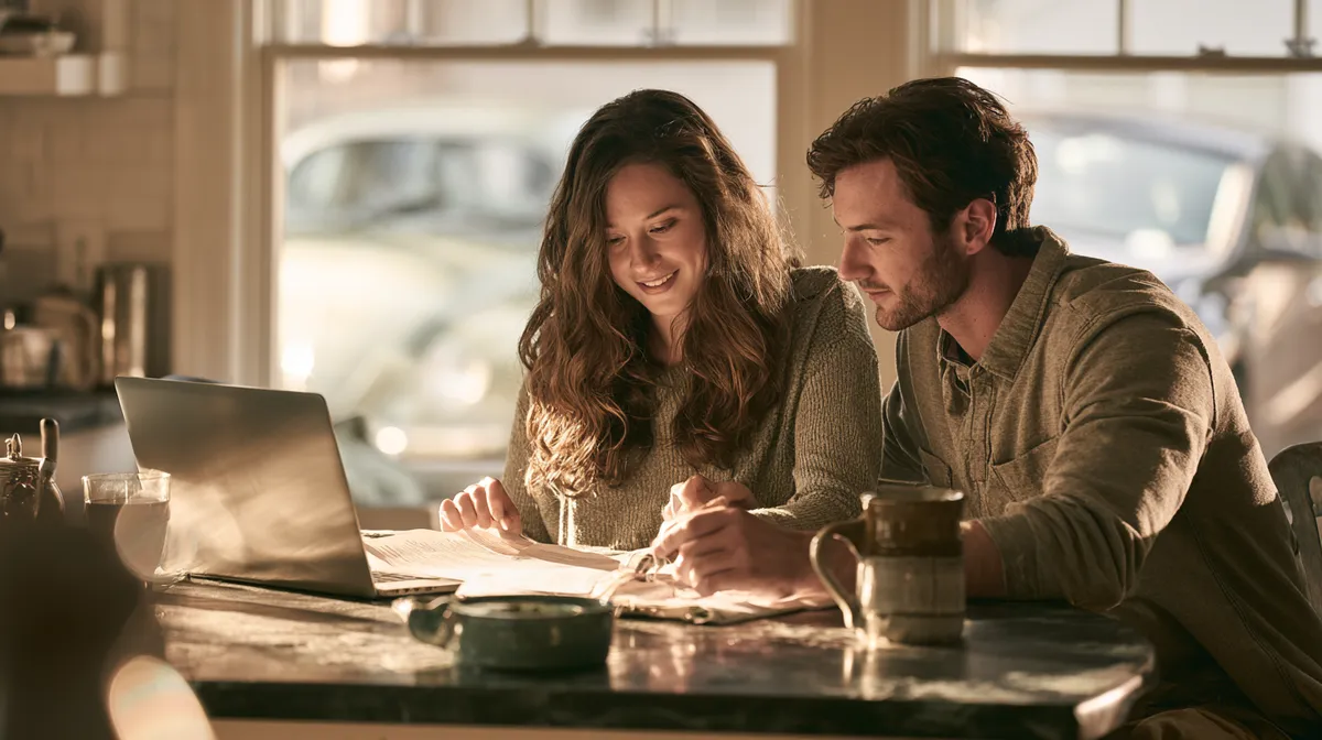 Young American couple comparing lender offers on a laptop at their kitchen table at night