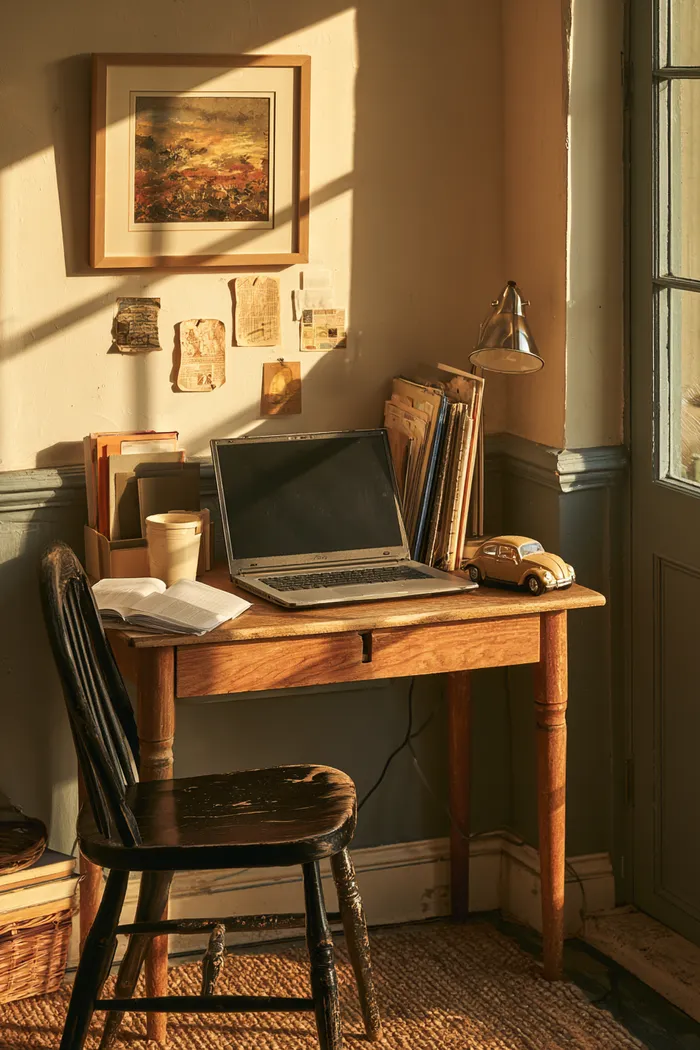Tidy home office corner with laptop open and a toy model car on the desk during loan research