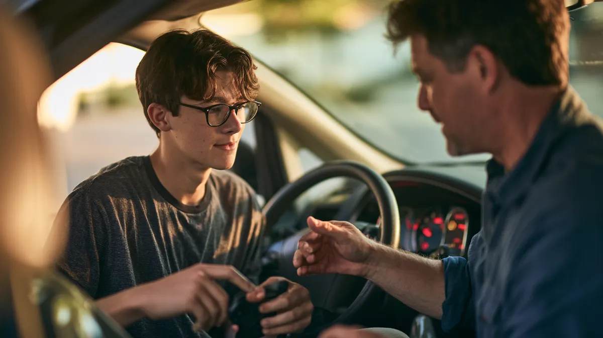 American father explaining the process to his son in the driveway at dusk