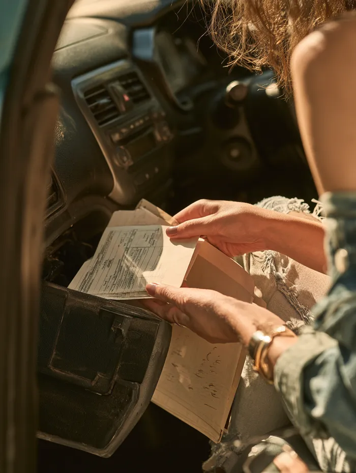 American woman placing a folder of maintenance and income records into her car glovebox