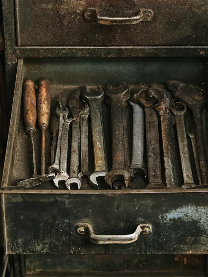Open drawer of an organized mechanic tool cart with wrenches arranged by size