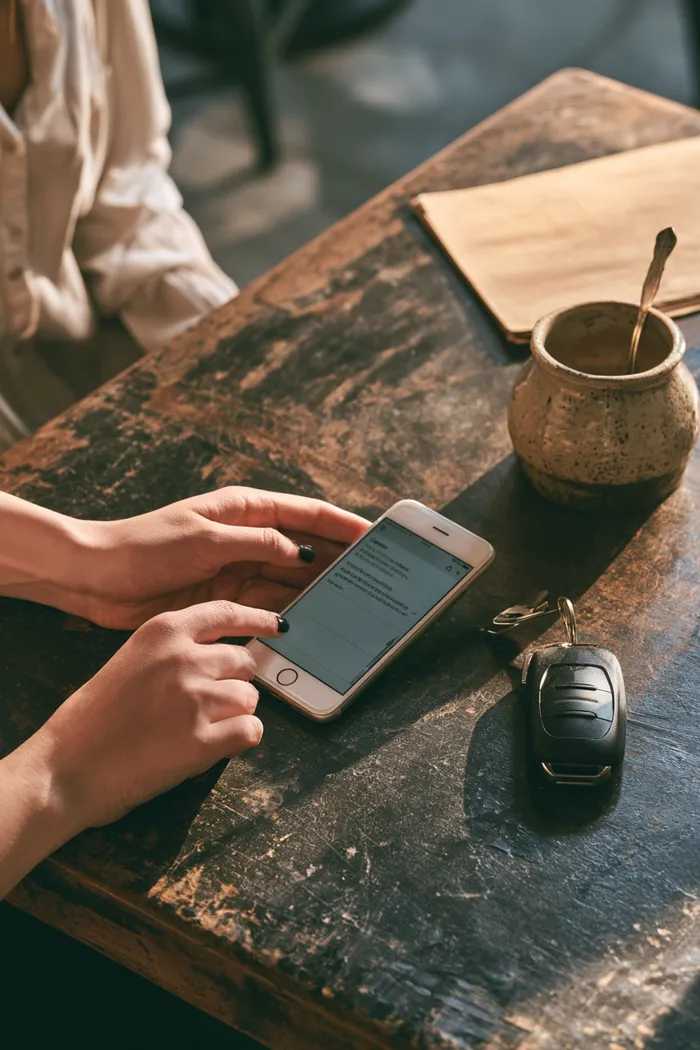 American hands holding a phone with a loan payment calendar reminder beside a car key