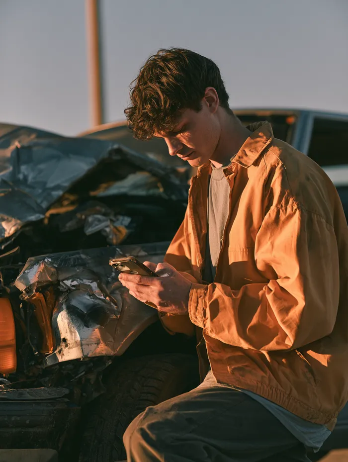 Young American woman photographing a door dent on her car with her phone for repair quotes