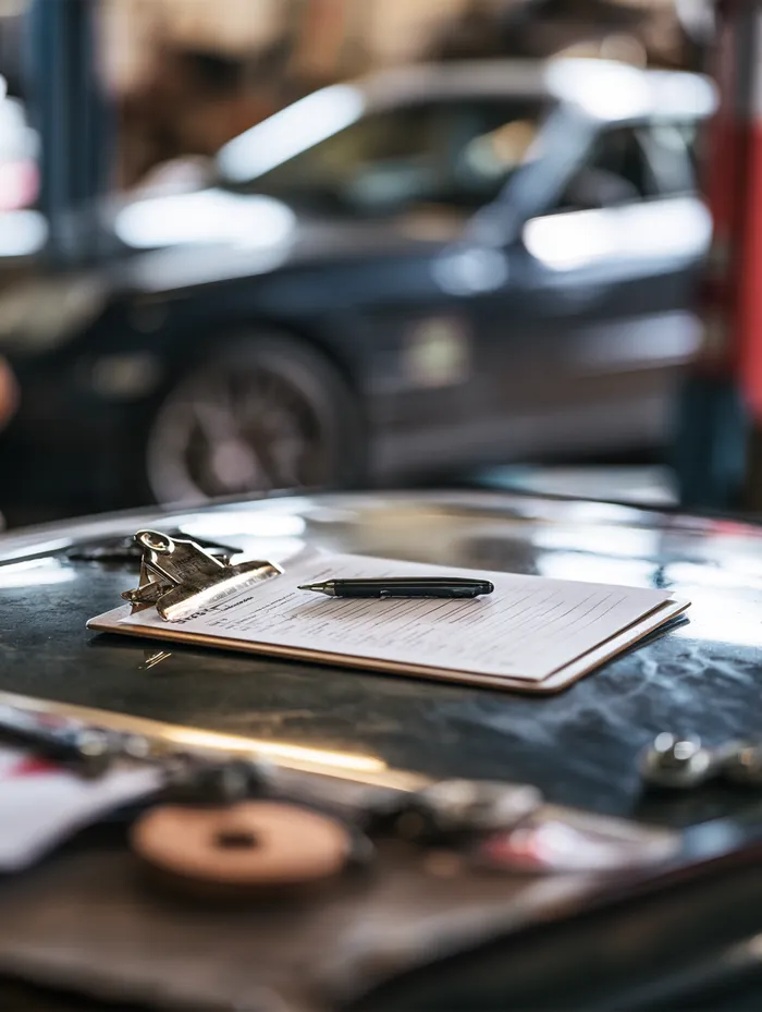 Seasonal maintenance checklist on a clipboard resting on a car roof in a repair shop