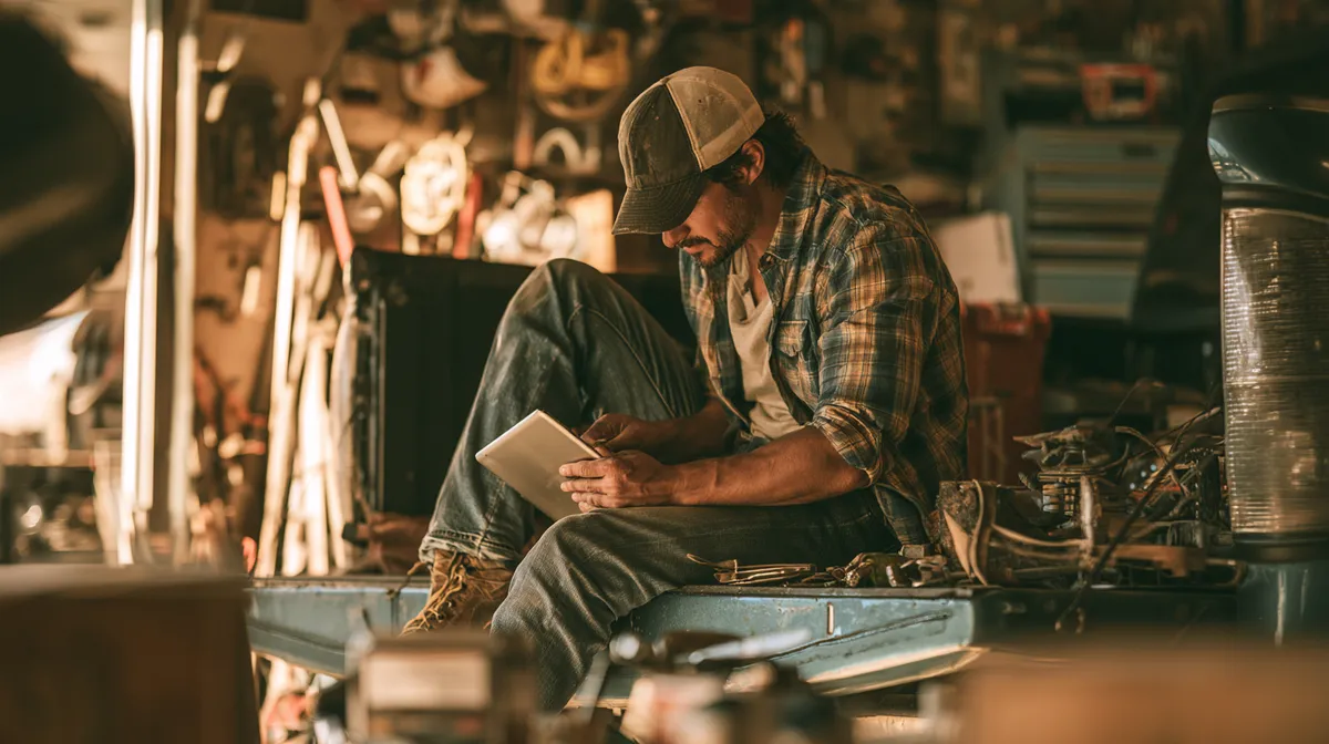 American man reading a car maintenance guide at home with a coffee beside his laptop