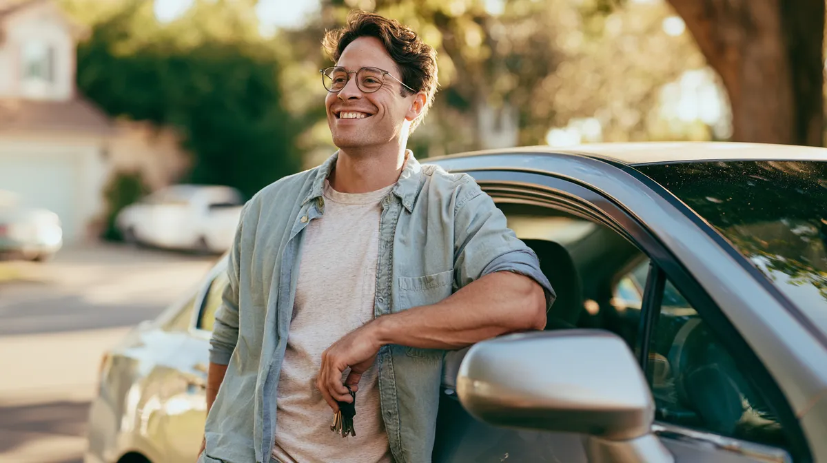 Smiling American man leaning on his freshly repaired sedan after using road loans for the work