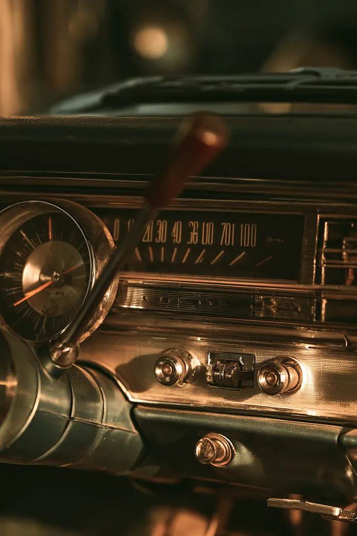 Odometer and clean dashboard of a well-kept older American car in soft light