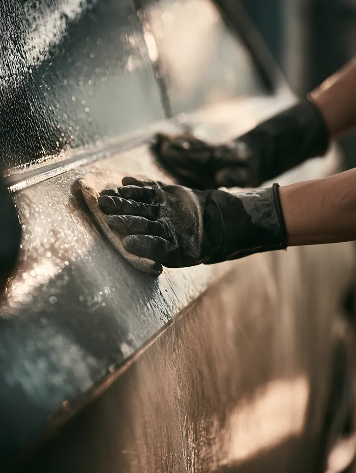 Gloved hands wet-sanding a car door panel with water droplets in soft daylight
